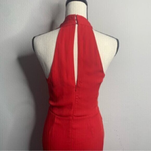 Vintage Red Halter Plunged Neckline Gown with Elegant Ruffle Detail - Picture 10 of 12
